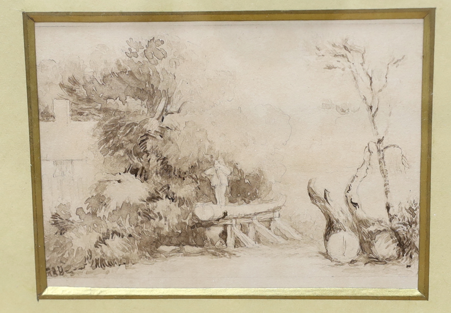 19th century English School, ink and wash, Cottage exterior together with a watercolour, still life study with playing cards, largest 8.5 x 11.5cm